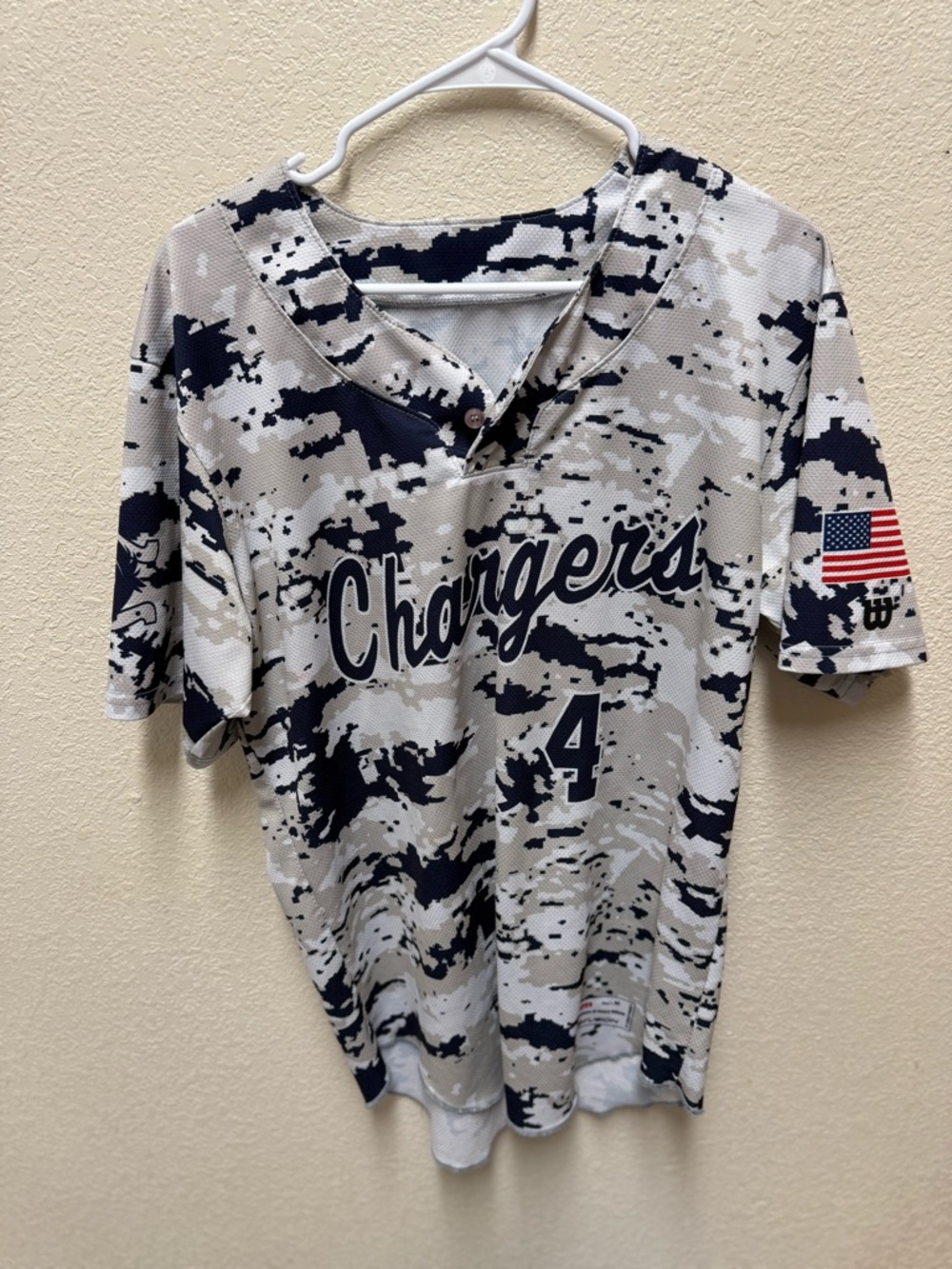 Mens Wilson Chargers Baseball Jersey White Beige and Navy Blue Size Medium